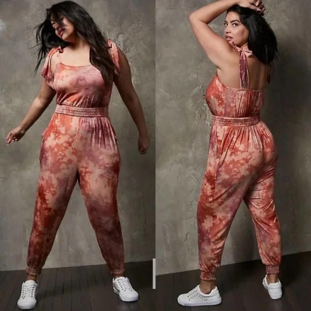 Torrid Super Soft Tie-Dye Pink Tie-Strap Jumpsuit Dye Mushroom l Plus Size 0 0X